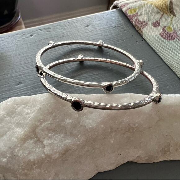 Silver Tone & Stone Bangle Bracelets Set of 2 - Picture 2 of 7
